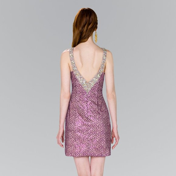 NEW SHORT BODYCON SLEEVELESS EMBROIDERED SEQUINS GOWN WITH ZIPPER BACK GL GS1117 - Picture 5 of 10